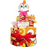 出産祝いに大人気！おむつケーキ アンパンマン・ドキンちゃん 豪華2段にぎってぷぷぷ/ウォッシュ・フェイスタオルセット/赤ちゃんの内祝い・誕生日プレゼント ダイパーケーキ (パンパースM17 （1歳のお