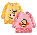 C-Princess ベビー エプロン 2枚セット 長袖 スモック 食事用 スタイ ビブ ガウン 離乳食 赤ちゃん キッズ お絵かき用 泥遊び用 可愛い 動物柄 (75, イエロー+ピンク)