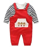 アンジェルキス　ベビー服　サロペット　シャツ　２点セット　コットン　新生児　０～３歳　可愛い星柄　ボーダー柄　 (80, ボーダー柄のシャツ＋レッドのサロペット)