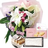 花とスイーツ ギフトセット 豪華 ユリ ピンクバラ 花束 と アマンド　六本木フィーユ 写真入り・名入れメッセージカード