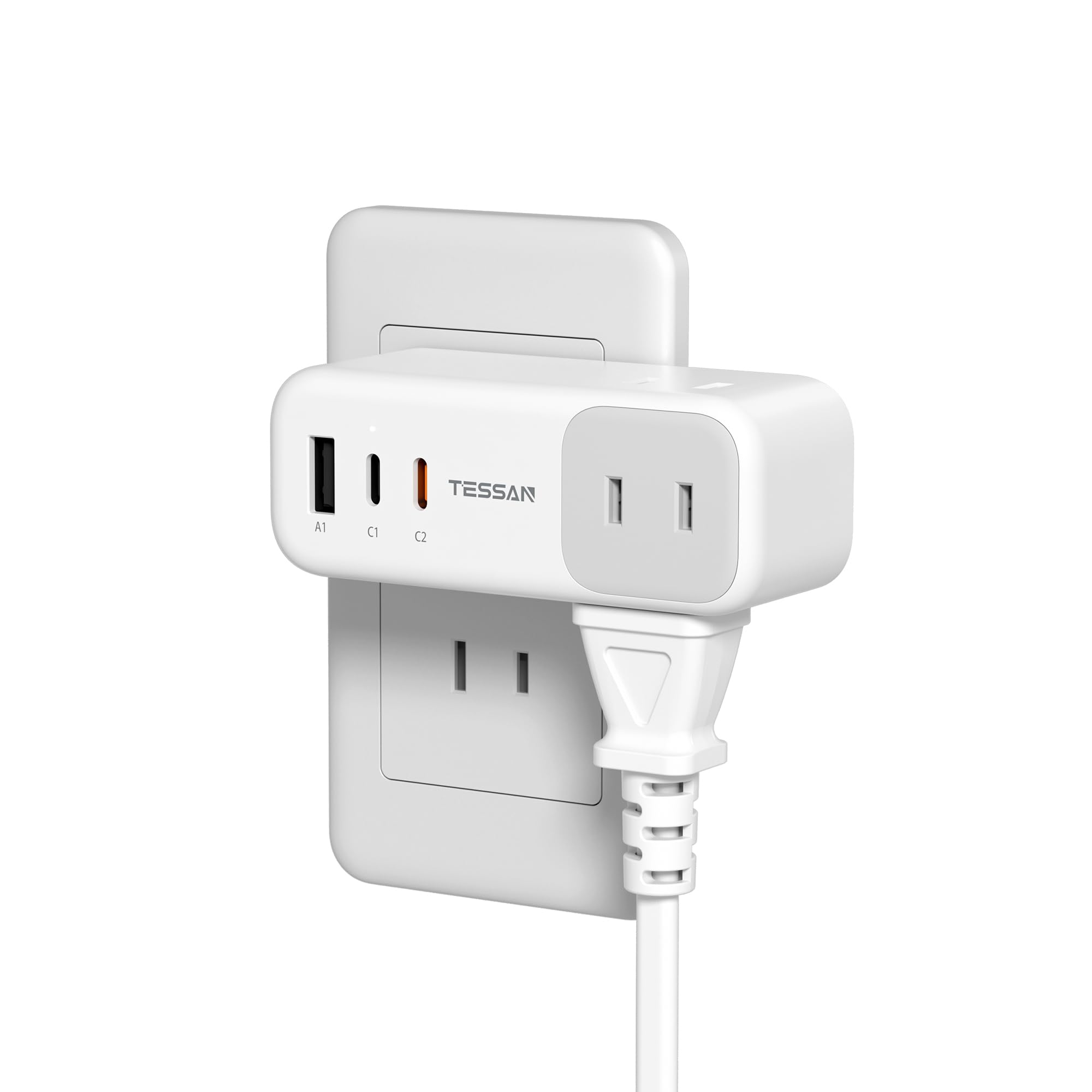 TESSAN USB コンセントタップ 横型デザイン 脱落の悩みを解決 3AC 1*USB-A 2*USB-C たこあしコンセント 3口 | PD 20W対応 マルチタップ 3口 小型軽量 タコ足配線 日本国内でのみ可能 グレー