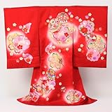 日本製正絹手描き「変わり織・赤地にうさぎとまり」お宮参り 着物 女児 祝着*