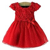 エフティーゾーン(Ftzone)子供服ベビーの女の赤ちゃんの柔らかい綿の裏地半袖ドレスパーティードレス(赤) (18M, レッド)