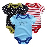Chamie新生児から ロンパース 赤ちゃん 綿100 半袖 Baby ボディースーツ 3枚セット ベビー服 ブルー 3-6M