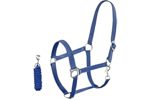 HORZE 乗馬用品 無口 曳き手 曳手 セット ホルター 馬 引き手 リード ロープ 乗馬 馬術 馬具 ナイロン ブルー 青 頭絡