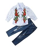 幼児の赤ちゃんの女の子の花のトップデニムパンツの服装セット (青, 3〜4年)