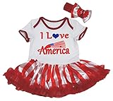 [キッズコーナー] アメリカの独立記念日 7月4日 I Love America ベビー服 ヘアバンド付き ワンピースドレス チュチュ (White/Red White Stripes, 6-12 M
