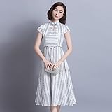 夏のファッション優雅なチョンサムchirpaur qipao中国スタイルの女性のドレス夏女性のカジュアルなオフィスパーティーの半袖ドレスコットンストライプ白いロングドレスプラスサイズS \ M \ L