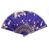 uxcell 折り畳みファン　扇子　プラスチックリブフラワーレース　踊り用扇子　ブルー　ポリエステル