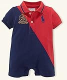 Ralph Lauren(ラルフ ローレン)ビッグポニー ショート ワンピース エンブレム刺繍＆ハーフカラー＆背番号３付【月齢：９ヶ月】（並行輸入品） (紺×赤)