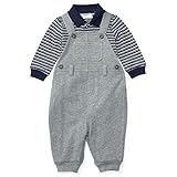 Ralph Lauren(ラルフローレン) 鹿の子ボーダーポロロンパース＆オーバーオールセット(Navy/Gray) 6M(3-6ヶ月) [並行輸入品]