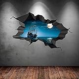 Pirate Ship Sea Cave舷窓Moon Cracked 3d壁アートステッカー男の子の子のデカール壁画新しい1