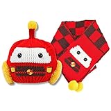ベビー 赤ちゃん 子供用 可愛い カー くるまタイプ ニット帽子 マフラー セットハット 防寒 (赤)