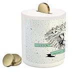 ライオンコインボックスBank by lunarable、Hand Drawnブラックとホワイトライオンヘッドwithブラック点線レトロ、プリント背景セラミックコイン銀行お金ボックスの保存の現金、Co