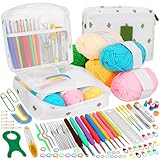 AOBOPLE かぎ編み 初心者 キット100 PCS 初心者向けのかぎ針編みキットかぎ針編みスターターキット かぎ針編みの糸とかぎ針編みのアクセサリー付きのかぎ針編みフックセット初心者のための編み物スターターキット