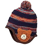 ミキハウスホットビスケッツ(mikihouse hotbiscuits) 編みモチーフ付ぼん天ボーダーフード（帽子） フリー(48cm-52cm)〉紺（03）