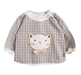 C-Princess ベビー 防水 長袖 スモック 食事 エプロン 幼児 赤ちゃん ビブ スタイ ガウン チェック ネコちゃん 可愛い 女の子 男の子 幼稚園 保育園 カーキ 90