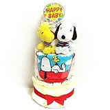 16086おむつケーキ３段　男女共用　スヌーピーぬいぐるみとスタイ　ベビー服セット　オムツケーキ　キャラクター　出産祝い