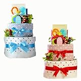 【名入れ刺繍可能】Sassy（サッシー）のハチさんの歯固め＆今治タオル２点付 パンパース使用２段おむつケーキ (おむつのサイズ：S (生後２~７カ月）, レッド) 出産祝い 男の子 女の子