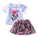 Domybest ベビースカート 子供服 女の子 上下セット Tシャツ 白い ショートスカート ベビー服 膝上丈 ドレス 半袖 赤ちゃん 可愛い 超柔らかい 姫様 普段着 写真 人気 バラ 花柄 誕生