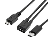 NFHK USB-C - MicroUSBアダプター、2ポート、AWG 28、ブラックMicro USBメスからUSB-C Type C USB 3.1マイクロUSBオススプリッター延長充電ケーブル