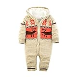 POTOJP ベビー服 あったか クリスマスエルク柄 ニット ロンパース 赤ちゃん カバーオール 新生児 長袖 ボーダー柄 秋冬着 男の子 女の子 もこもこ 出産祝い お出かけ (ベージュ, 70)