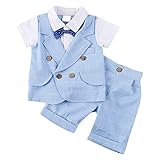 ベビー ボーイズ 半袖 フォーマル スーツ 男の子 チェック柄 上下 2点 セット ネクタイ ベスト 子供服 七五三 結婚式 発表会 (90, ブルー)