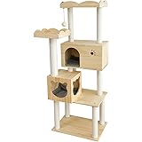 日本メーカー RAKU 木製キャットタワー 据え置き 大型猫 無垢材 高さ約152cm 猫タワー スタンダード式 手首より太い爪とぎポール 多頭飼い 猫部屋付き ねこタワー キャットランド 安定性 組み立て簡単 日本語説明書付きペット用品 (木製タイ