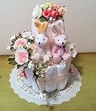 おむつケーキ　　双子ちゃん用　おむつケーキ　2段　キャンドルリング　豪華　センスが良い 出産祝い　結婚祝 　双子人気ナンバーワン (M, pink)
