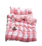 ピンクグリッドの羽毛布団カバーセット通気性のある100％コットンのフラワーパターンなしアイロン静電気防止寝具簡単なケア（シングルダブル）,200*230Cm