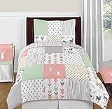 [スウィートジョジョデザイン]Sweet Jojo Designs Coral, Mint and Grey Woodsy Deer 4 Piece Kids Childrens Twin Beddi