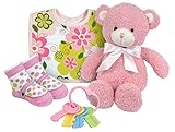 Stephan Baby Plush Pink Floppy Bear, Bib and Bootie Socks Gift Set, Swirly Flower by Stephan Baby