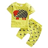 【SEBLES】ベビー 赤ちゃん 男の子 女の子 ユニセックス 半袖 ラウンドネック プリント 羊 無地 可愛い Tシャツ　ズボン ボトムス セット カジュアル コットン 綿(イエロー,100cm)