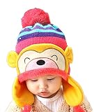 ZKKK 子供帽子 ニッと帽子 ベビー 猿　男の子　女の子　かわいい　動物刺繍　防寒保温　耳保護　耳あて　ポンポン付き　ロープ　キッズ秋冬用 ハット 小学生 男女兼用　お出かけ　アウタドアウェア