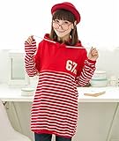 L’oiseau bleu （ロワゾブルー） かわいい マタニティ ウェア 授乳口 付き ボーダー パーカー トップス チュニック 長袖 カジュアル 部屋着 (レッド)