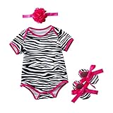 Kesoto 赤ちゃん　ベビー　半袖ボディースーツ　ロンパース　靴　ヘアバンド　夏　3枚セット　かわいい　全3種類 - シマウマ, 12-24月のL
