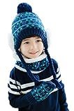 Toyobuy(トヨベイ) 女の子 男の子 キッズ ベビー 裏起毛 ニット ポンポン耳まで 帽子 耳あて付 ハット マフラー スカーフ ネッカチーフ 手袋 3点セット ブルー L