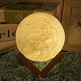 Night Light 3dプリントムーンランプ、Progreen調光機能付きタッチコントロール充電式LED Lunar Lights Hanging Lightingsホーム装飾with木製ホルダー
