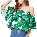 Mokao Ladyオフ肩ブラウスBanana Leavesスラッシュネックフレアスリーブカジュアルトップスグリーン US サイズ: 3L カラー: ホワイト