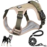 【柴犬に強力推薦】 XINIDEA 頑丈で耐久性に 犬用ハーネスセット、背面に名前タグを貼り付け可能，小型犬、中型犬、大型犬、超大型犬用、1.5mリード付き、ノーストレス窒息防止、調整可能なオックスフォード素材のアウトドア犬用ベスト、ダブルDリング、夜間反射デザイン。（カーキ M）