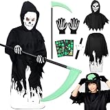 [BAFUEVD] 死神 コスプレ 子供 ハロウィン 仮装 キッズ コスチューム 分離式【ローブ+マスク+手袋+蛍光かま+蓄光シール*2+ゴーストブレスレット】7点セット 骸骨 お面 ホラー 変装用 衣装 死神コス 鎌 小道具 コスチュームセット お化け 屋敷 悪魔 魔女 クリスマス 文化祭 部活 パーティー用 女の子・男の子兼用 幼児 子供 キッズ用 対象年齢4才以上 サイズ：M
