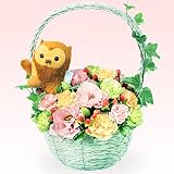 誕生日フラワーギフト　花キューピット ふくろうのマスコット付きアレンジメント