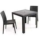 LOWYA （ロウヤ） ラタン調 ガーデンテーブルセット 3点セット 2人掛け パラソル穴付 スタッキング チェア 肘無し ブラック