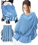 Sweet Mommy やわらか軽コットンデニム マルチケープ 大判 フリル 授乳ケープ 360度安心 ベビーカーケープ 留スナップ 抱っこカバー UV対策 意匠登録デザイン／ライトブルー／F