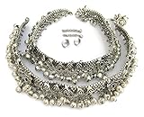 IndiaStop アンクレットブレスレット ペア 長さ10インチ ヴィンテージスタイル レディースファッション 足首足ジュエリー ボーホー ビーチ ウェディング 裸足サンダル ジングルベルチャーム インディアン エスニック ペイアル 酸化 ドイツ シルバー アンクレット, 10 inch + extenders if required, 非貴金属