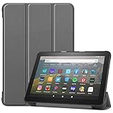 For Fire HD 8 / HD 8 Plus （ 2024 / 2022 / 2020 ） ケース Fire HD8 / HD8 Plus （2020年発売 第10世代 / 2022/2024年発売 第12世代用） 保護ケース 【ELMK】軽量 薄型 PU レザー スマート カバー 耐衝撃 傷防止 クリア ハード 背面 ケース 三つ折り スタンド 機能 (グレイ)