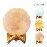 Moon Night Light 3d印刷、AOLVO USB充電式月の表面ランプ、スマートタッチコントロール3色LED夜ライト、ホームデコレーションライトwith木製ホルダー、直径5.9 in