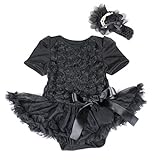 ブラック　薔薇　ロゼット　プリント　ベビー服　ワンピース　ロンパース 　パーティー　リボンヘッドバンド　セット　半袖 (S) [並行輸入品]
