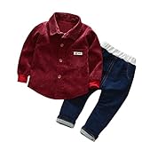 三番目の店　ベビー　子供　コーデュロイ　長袖シャツジャケット+ジーンズスーツ　2つのセット (XL, ワイン)
