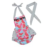 Lutents ベビー服 ホルターネックロンパース カバーオール スイカ柄 夏 縞柄 女の子 カジュアル 快適 着心地良い 歩行服 パジャマ 新生児 出産祝いプレゼント 可愛い オシャレ ヘアリボン付